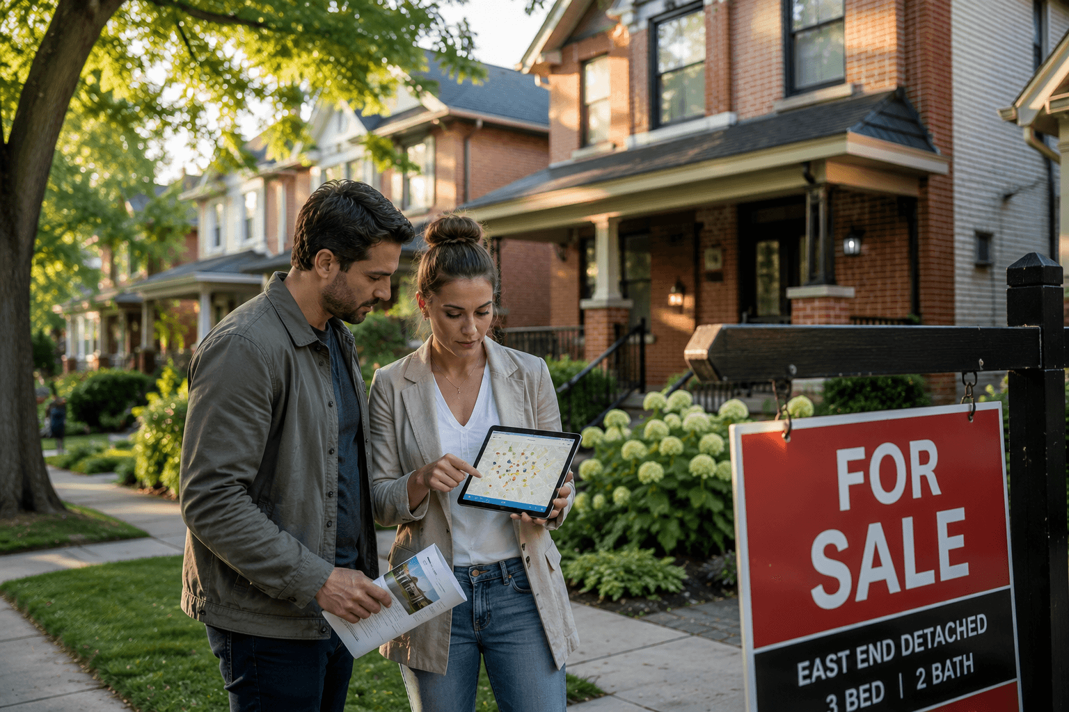 A couple on a Toronto residential street reviews a tablet with a map beside a For Sale sign in front of a brick detached home at golden hour