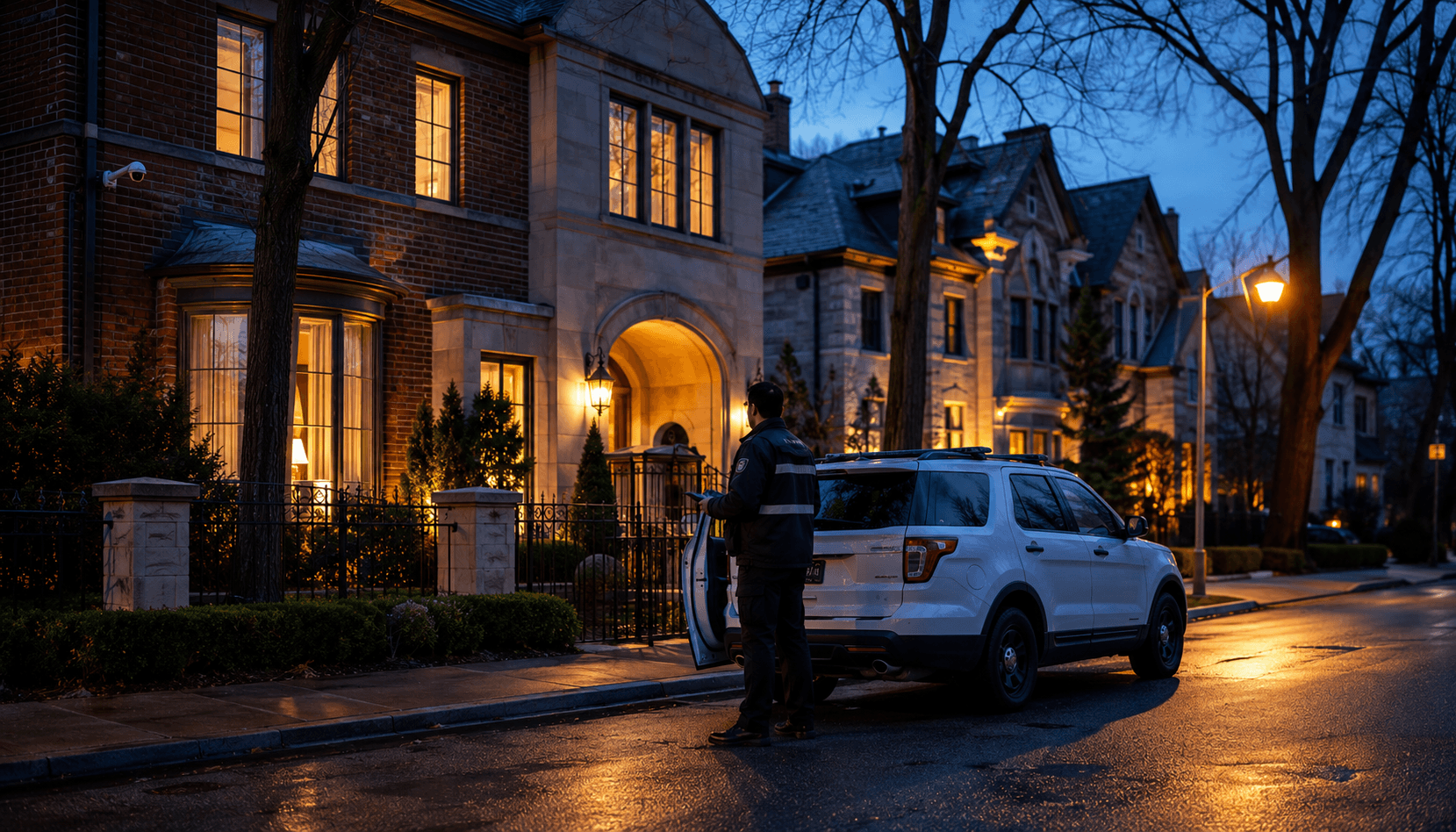 Dusk on a Forest Hill South street with a private security SUV parked outside a large brick home and a guard beside the vehicle