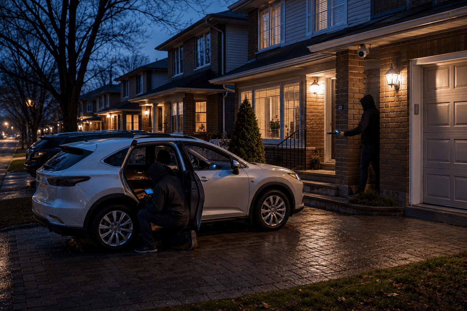 Night on a Toronto suburban street: two figures in hoodies at a white SUV with an open door and electronic devices, while a porch security camera records from a lit brick home