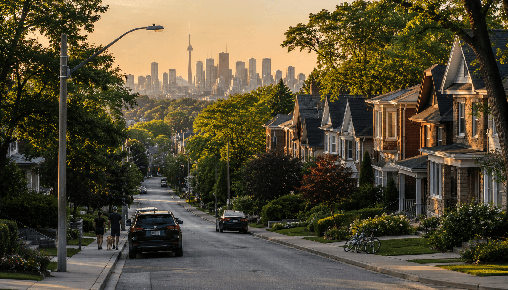 Golden hour on a leafy Toronto residential street with detached homes and a couple walking a dog, the downtown skyline and CN Tower visible in the distance