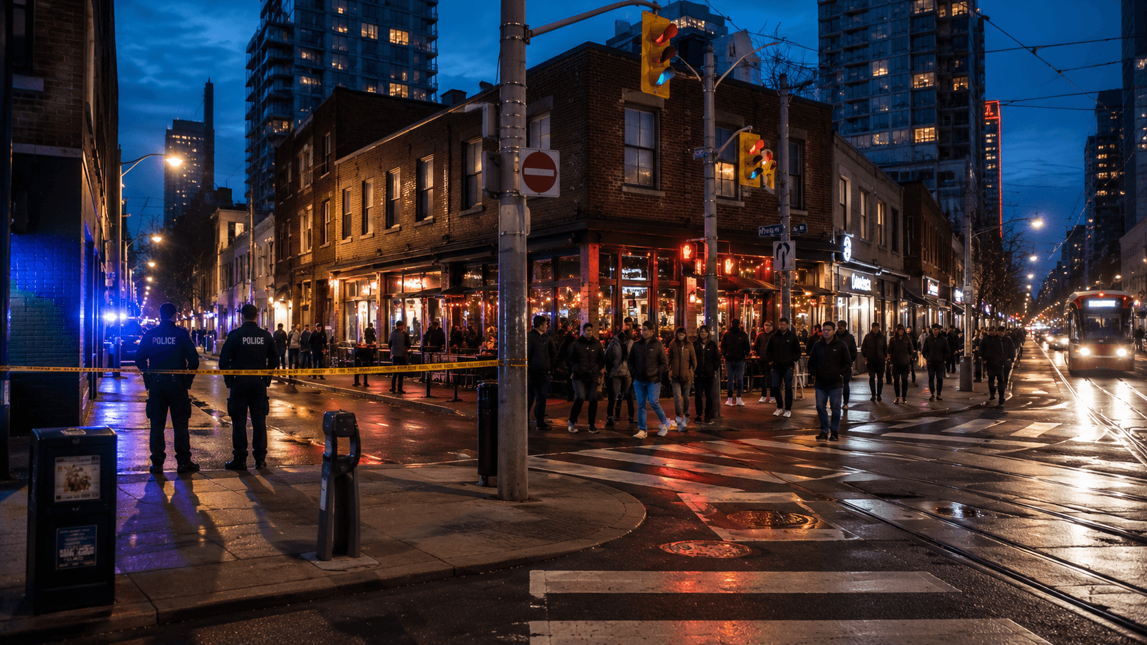 Night at a busy Toronto downtown corner with police tape, officers, pedestrians, brick storefronts, and a streetcar on wet pavement